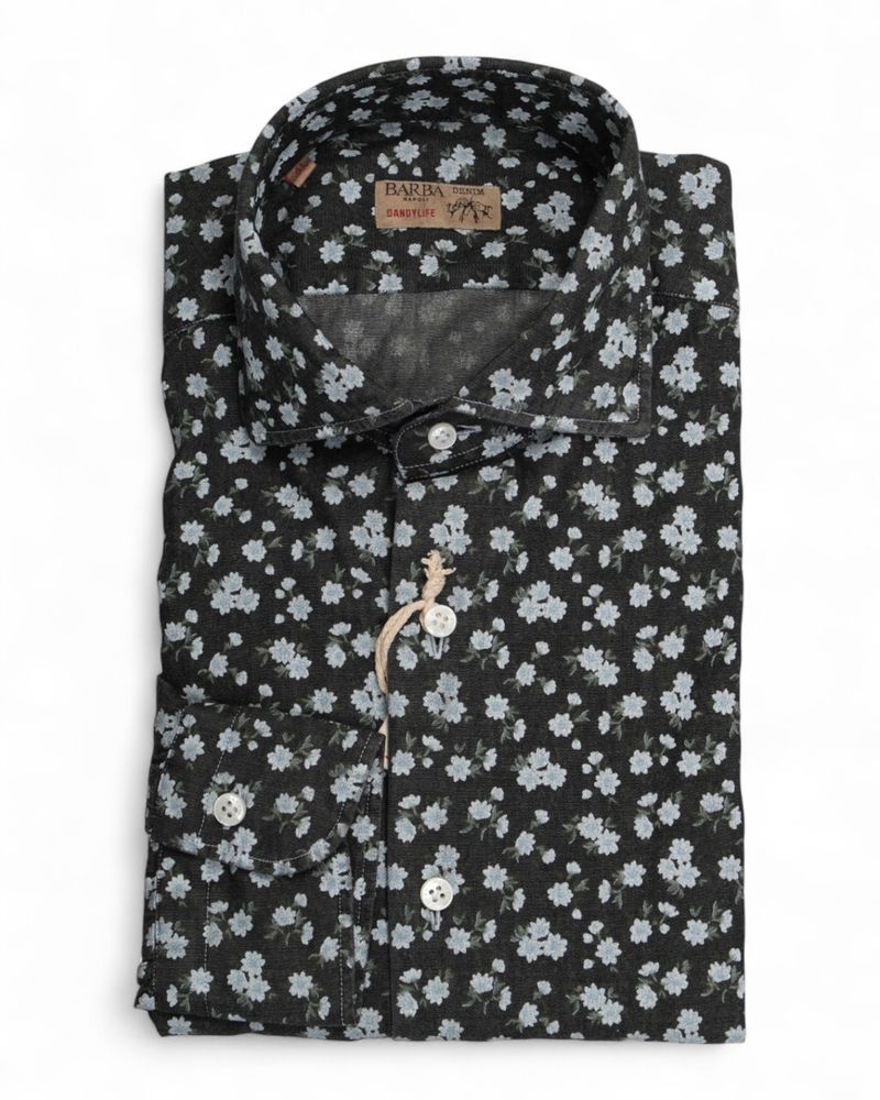 Dark Blue Floral Pattern Denim Shirt