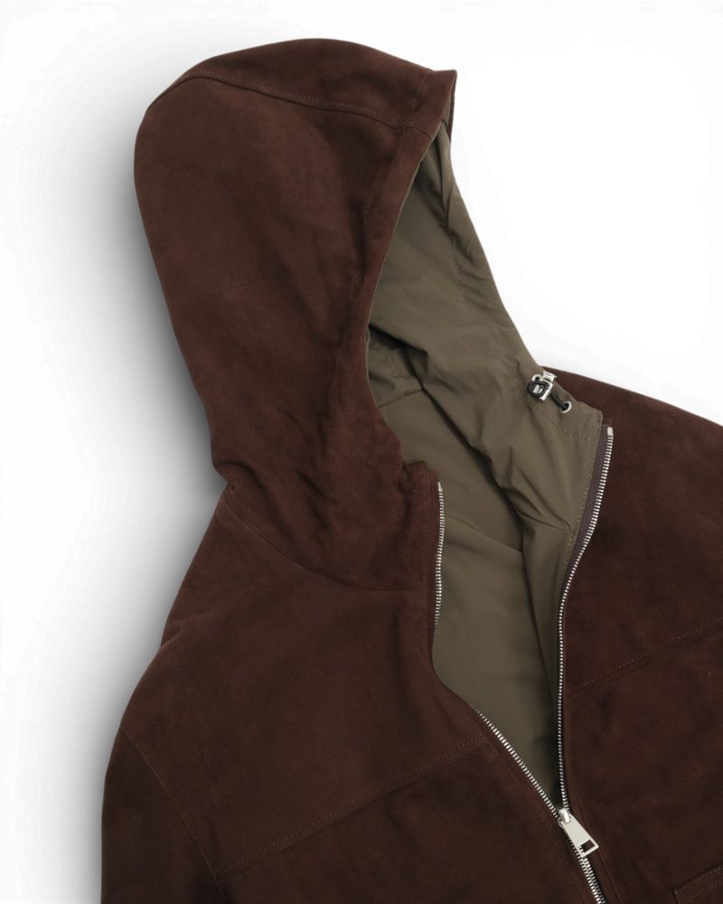 Chocolate Suede & Green Reversible Hooded Jacket
