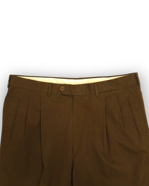 Dark Olive Cotton Twill Pleated Trousers