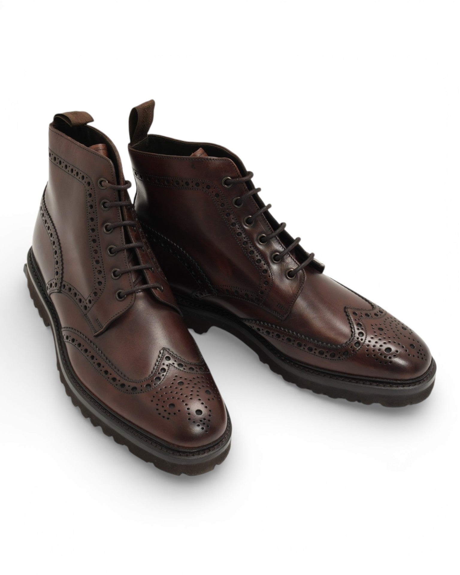 Dark Brown Leather Wing-Tip Lace-Up Boots