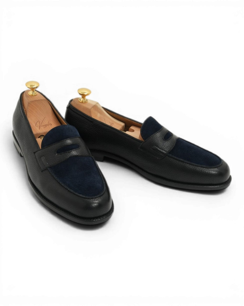 Black Leather & Navy Suede Penny Loafers 