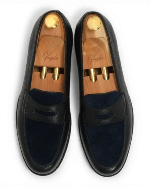 Black Leather & Navy Suede Penny Loafers 
