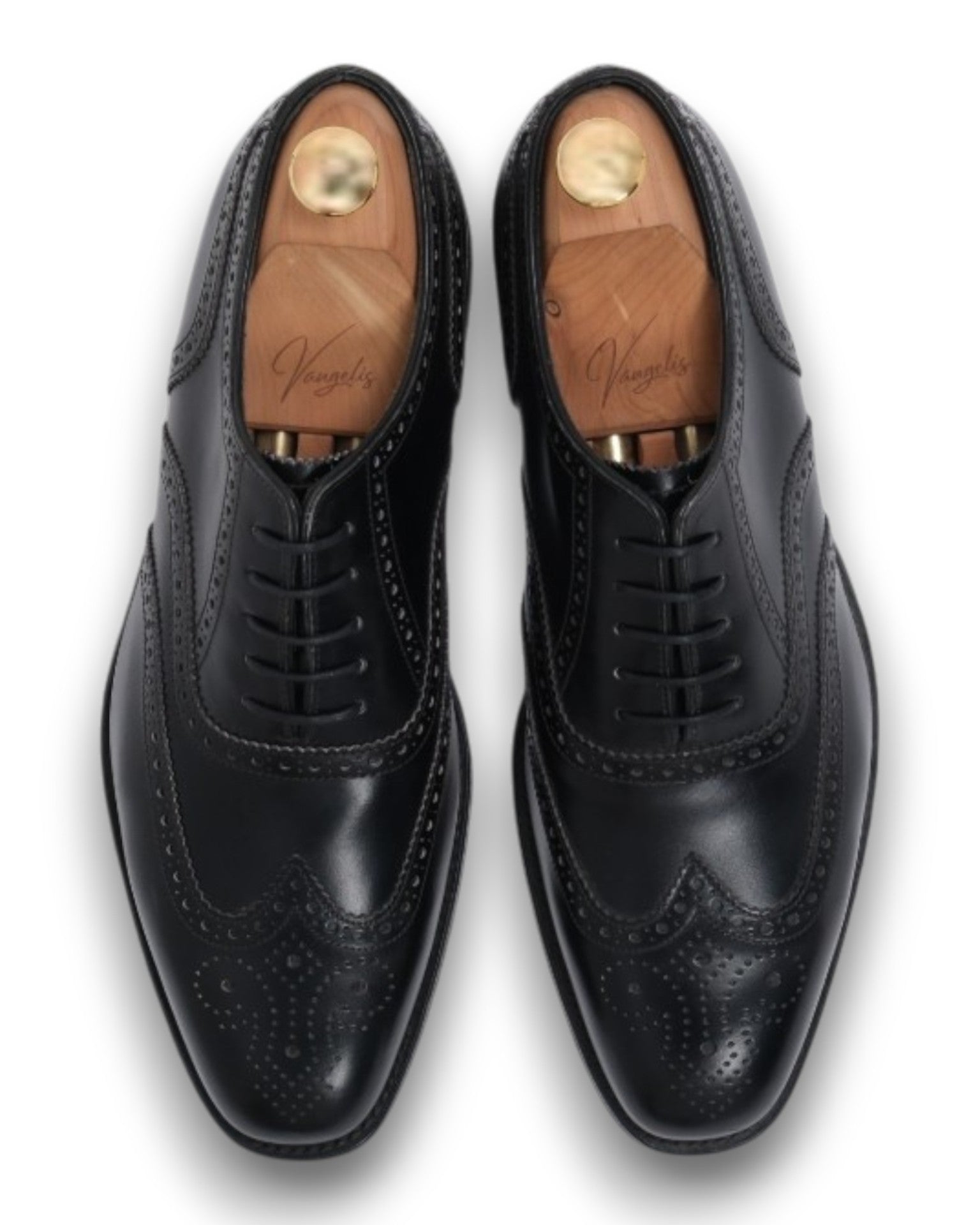 Black Leather Full Brogue Wing-Tip Oxfords