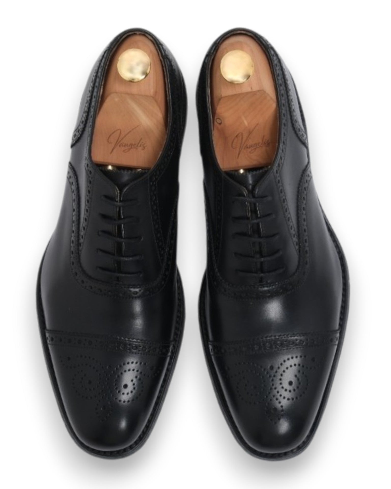 Black Leather Full Brogue Cap-Toe Oxfords