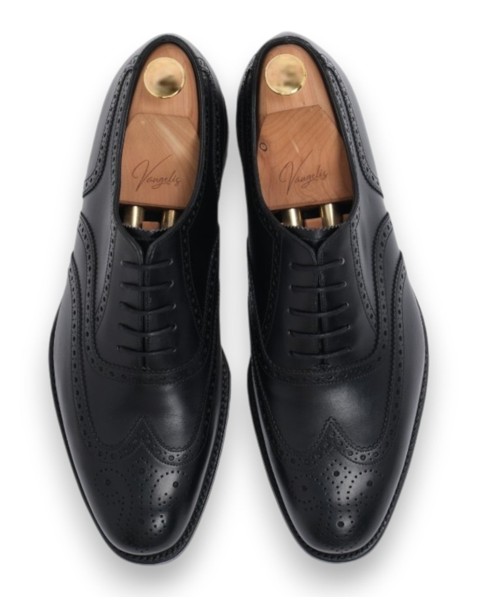 Black Leather Full Brogue Wing-Tip Oxfords