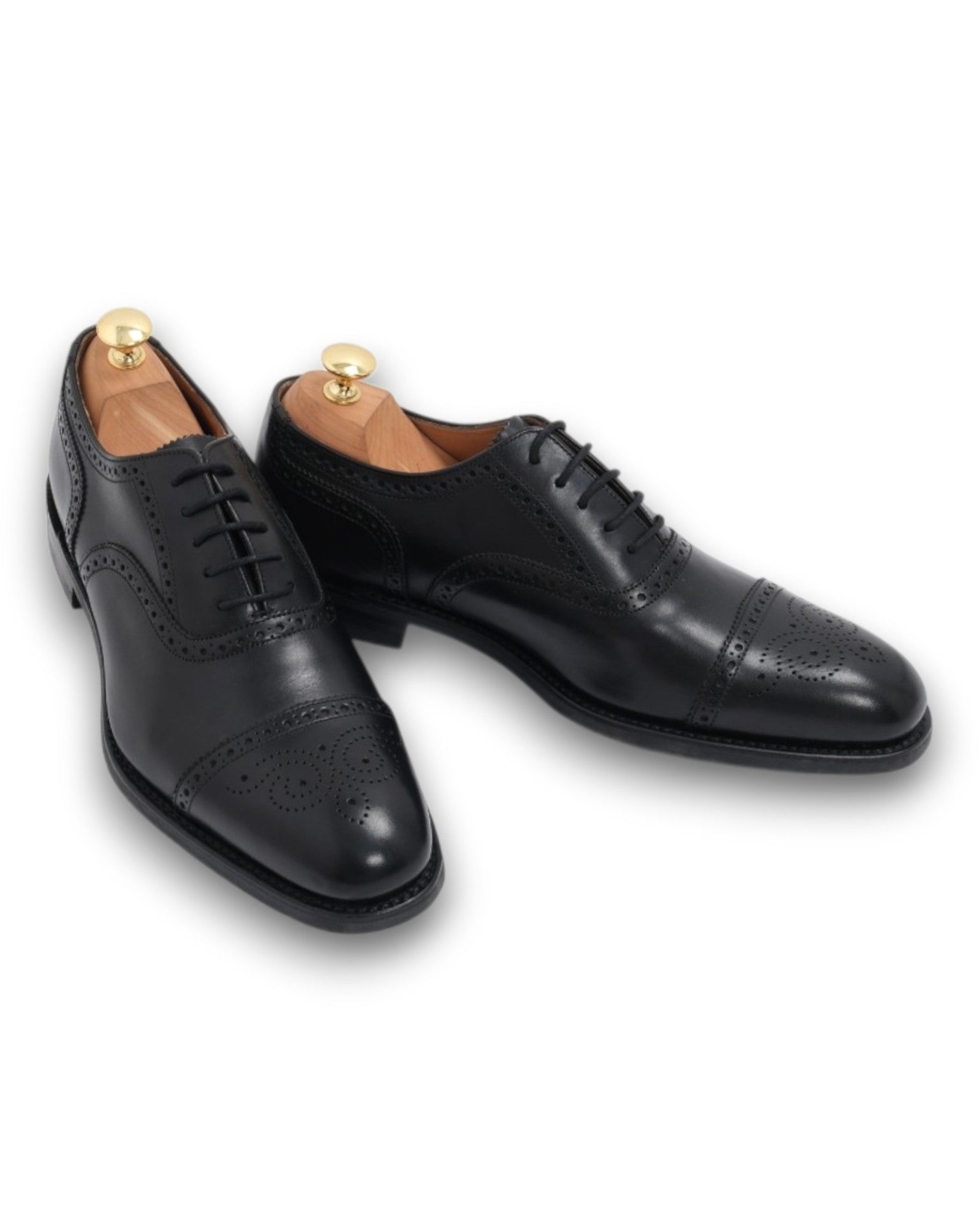 Black Leather Full Brogue Cap-Toe Oxfords