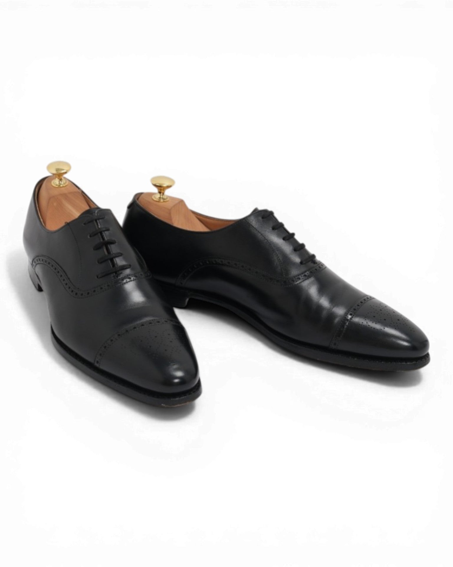 Black Leather Semi-Brogue Cap-Toe Oxfords