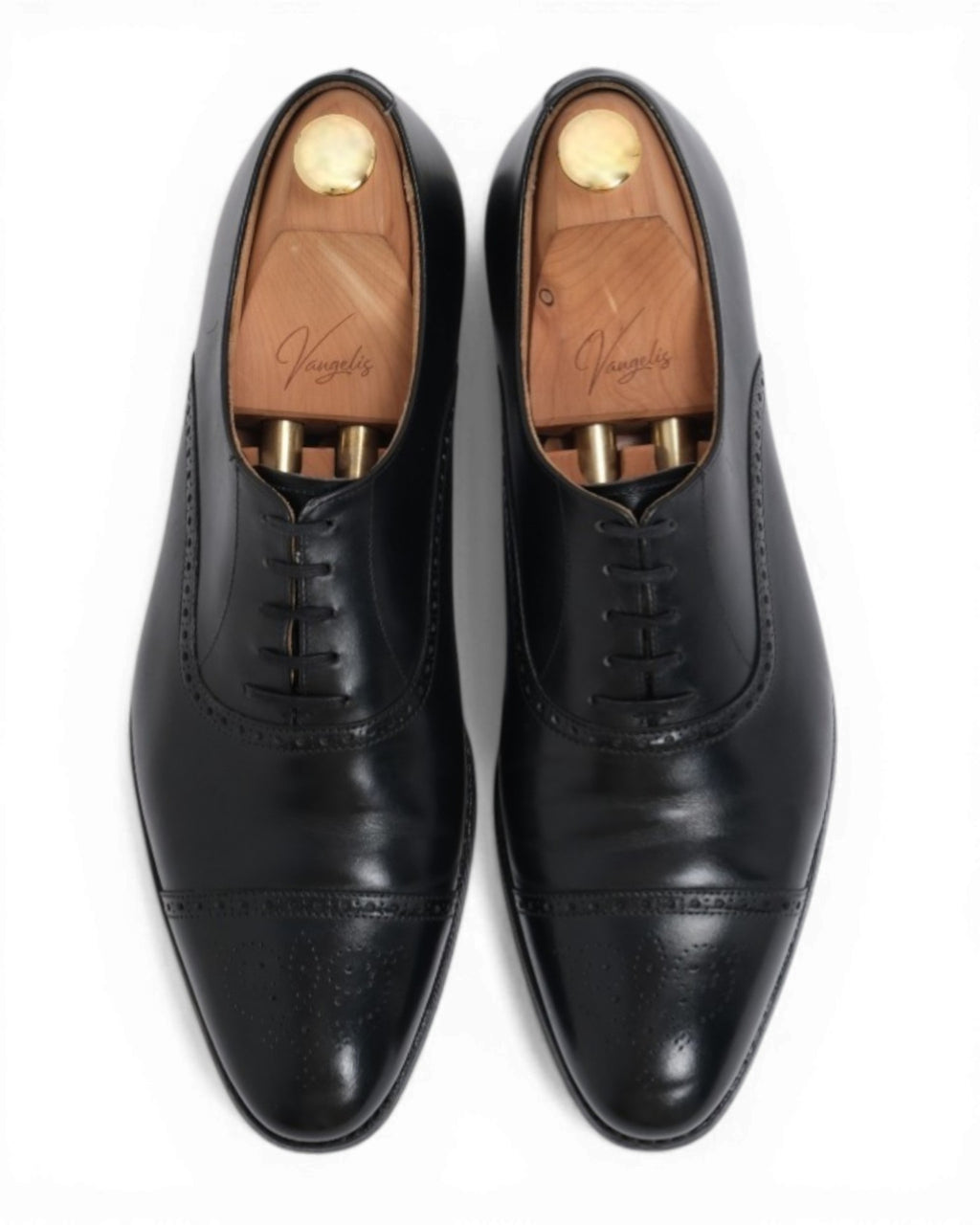 Black Leather Semi-Brogue Cap-Toe Oxfords