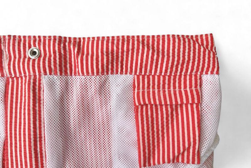 Bengal Striped Pale Red Seersucker Swim Shorts