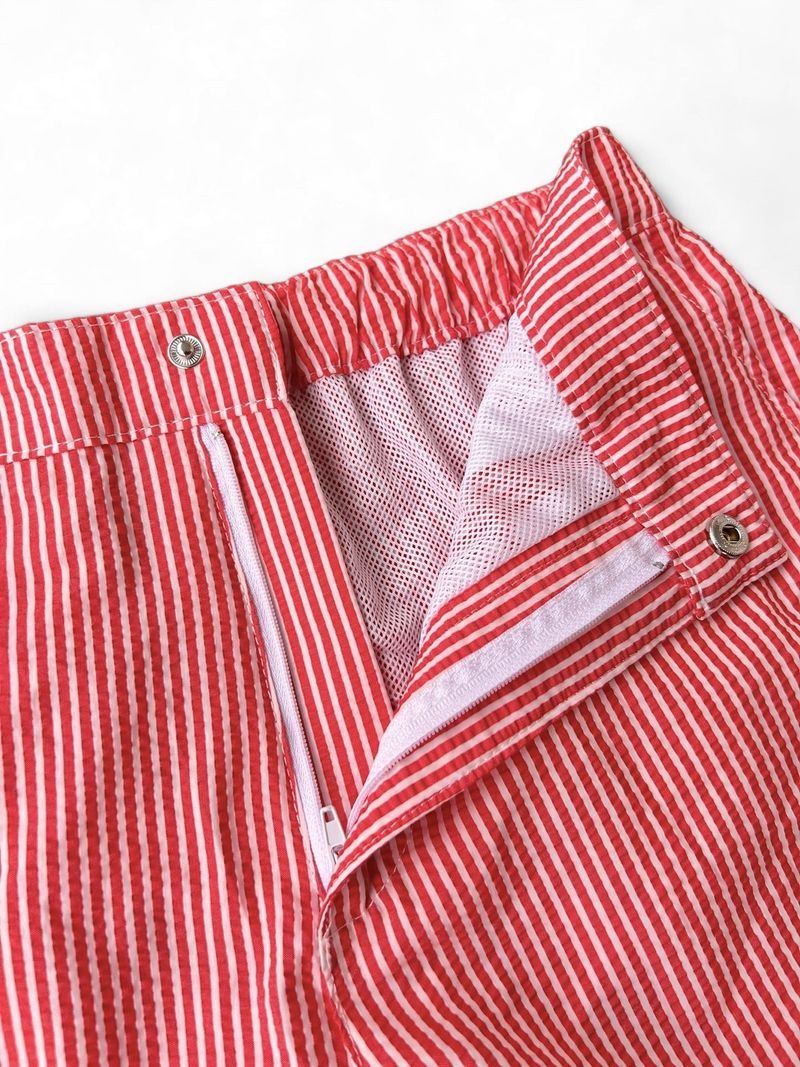 Bengal Striped Pale Red Seersucker Swim Shorts