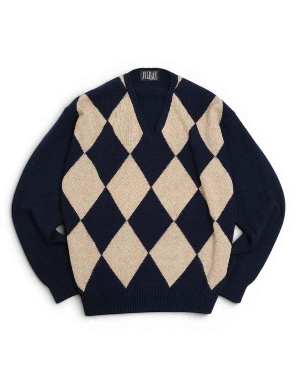 Navy/Beige Argyle V-Neck Sweater