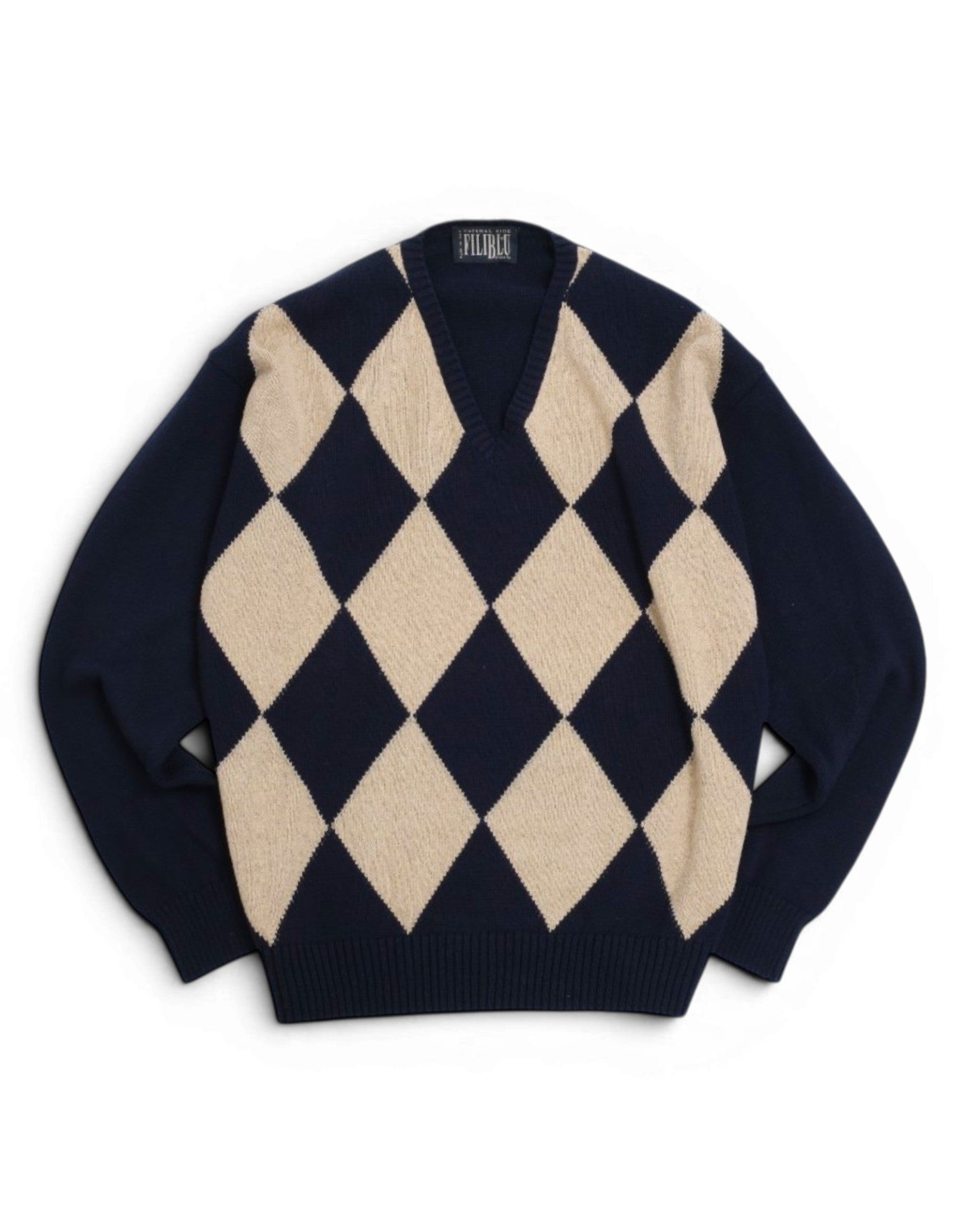 Navy/Beige Argyle V-Neck Sweater