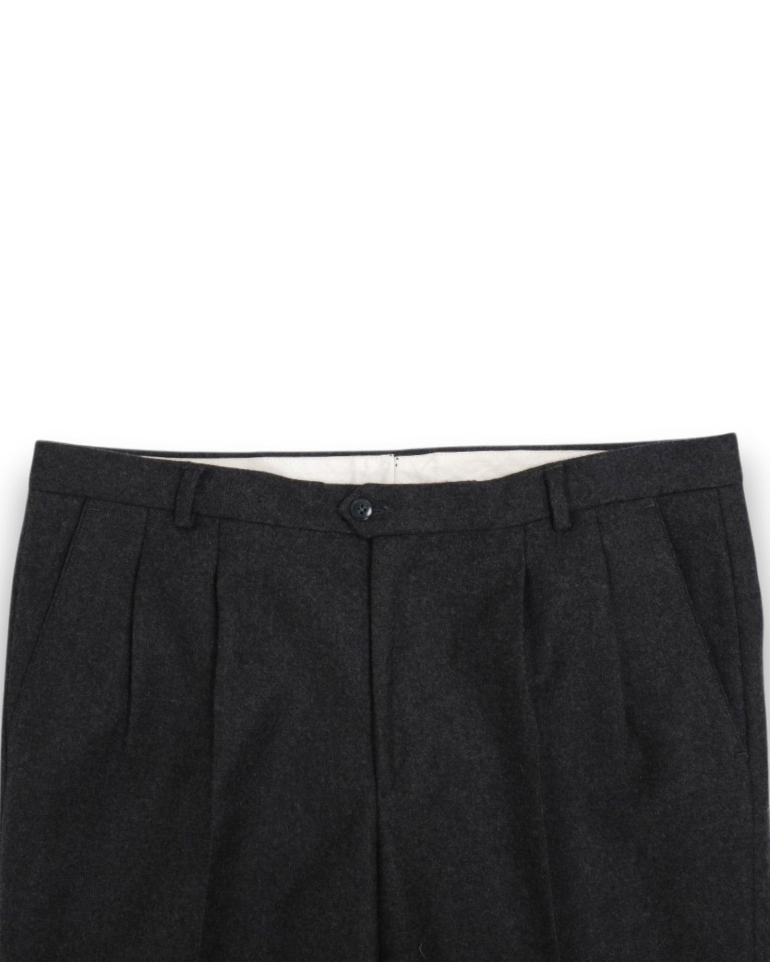 Dark Grey Heavy Woollen Flannel High-Rise Pleated Trousers