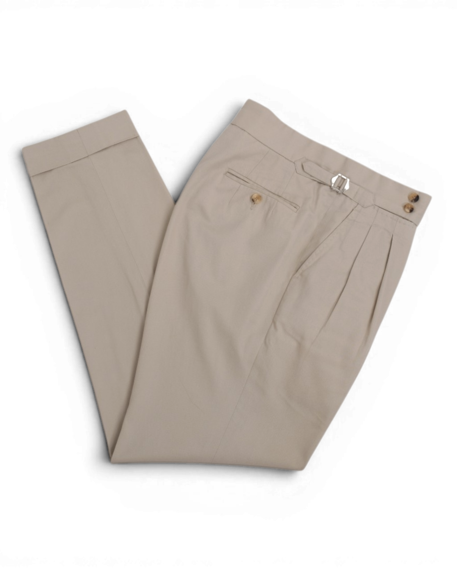 Light Beige Cotton Twill High-Rise Double Pleated Trousers