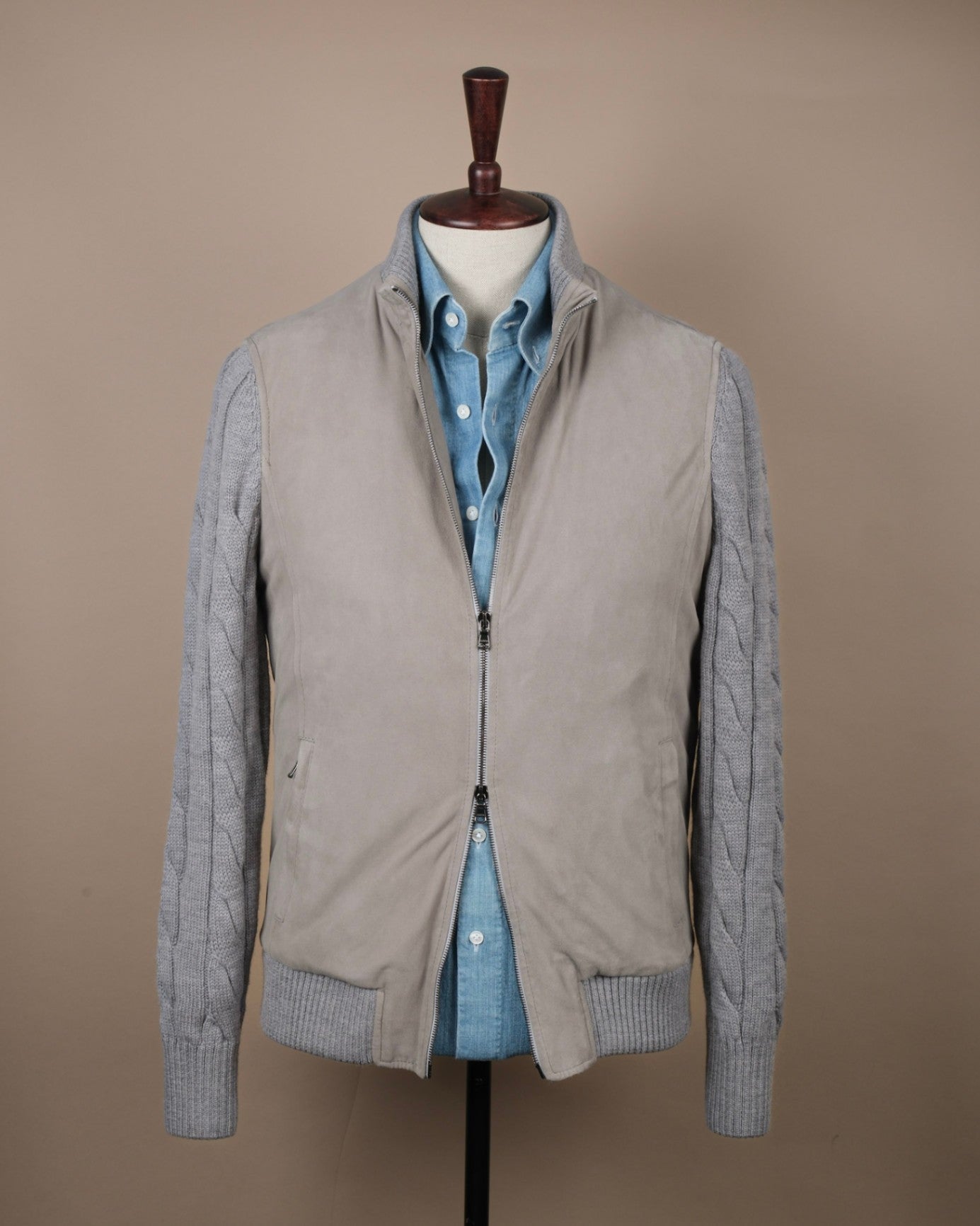 Stone Grey Suede Panel Cardigan