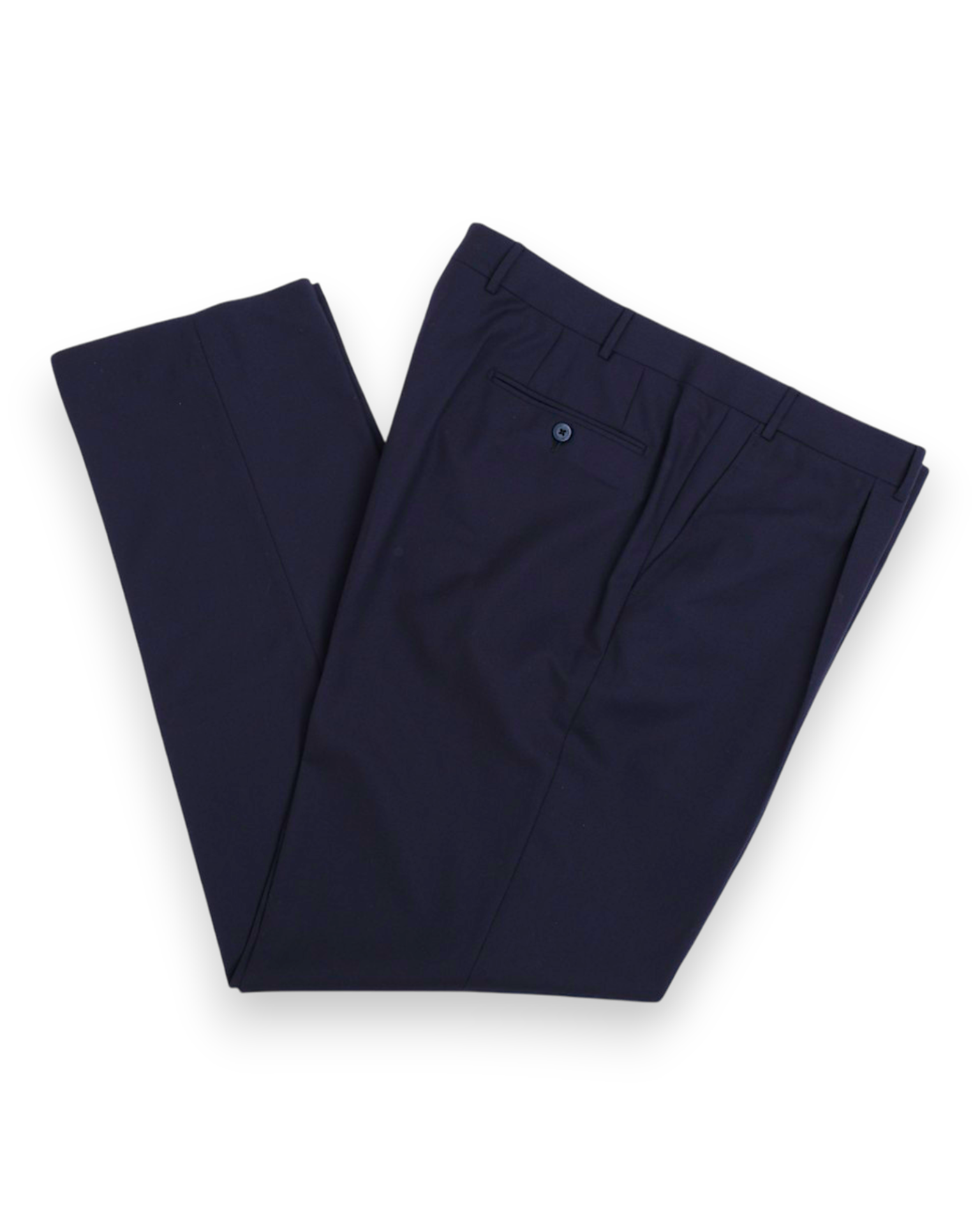 Navy Virgin Wool Twill Pleated Trousers