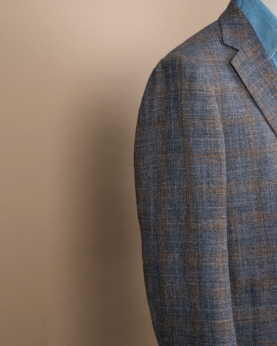 Brown/Blue/Navy Checked Silk/Linen/Wool Sports Jacket