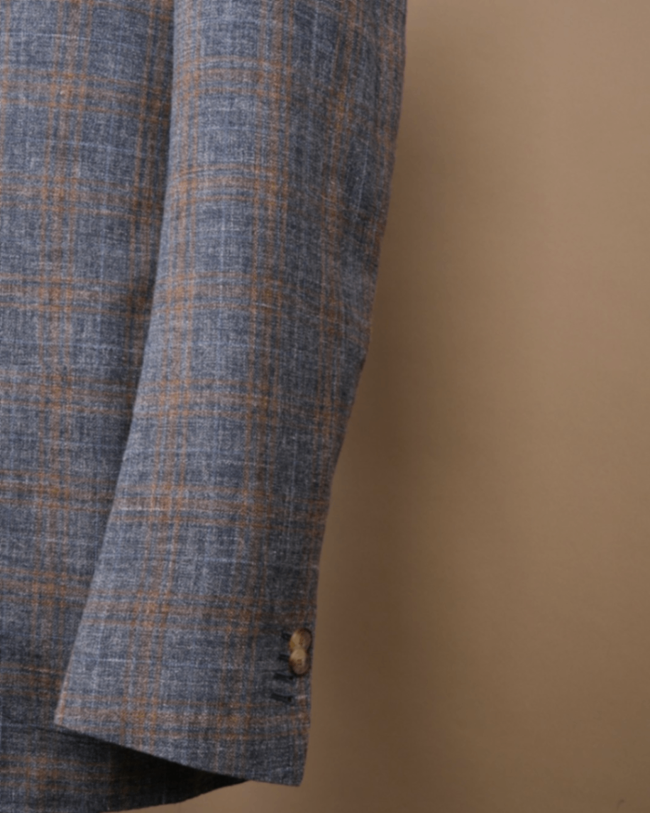 Brown/Blue/Navy Checked Silk/Linen/Wool Sports Jacket