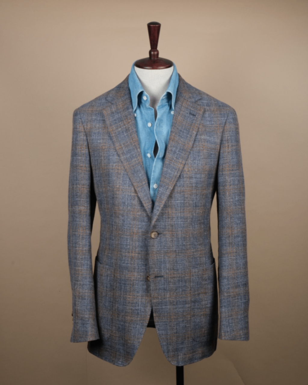 Brown/Blue/Navy Checked Silk/Linen/Wool Sports Jacket