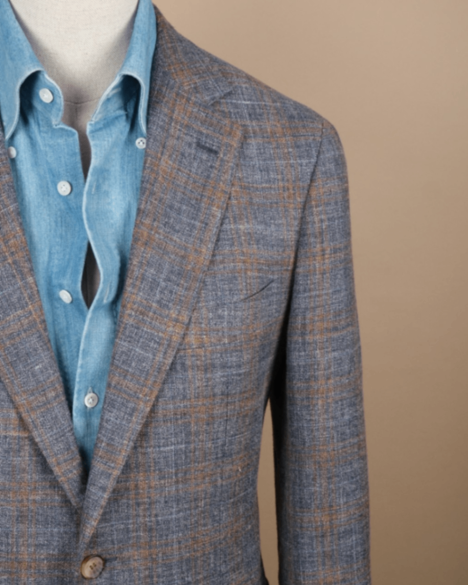 Brown/Blue/Navy Checked Silk/Linen/Wool Sports Jacket