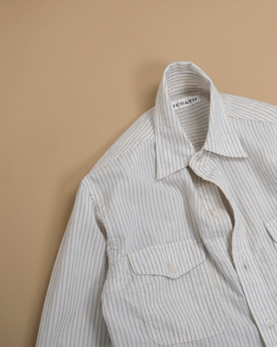Ecru/Blue Hairline Stripe Cotton/Linen "R" Shirt
