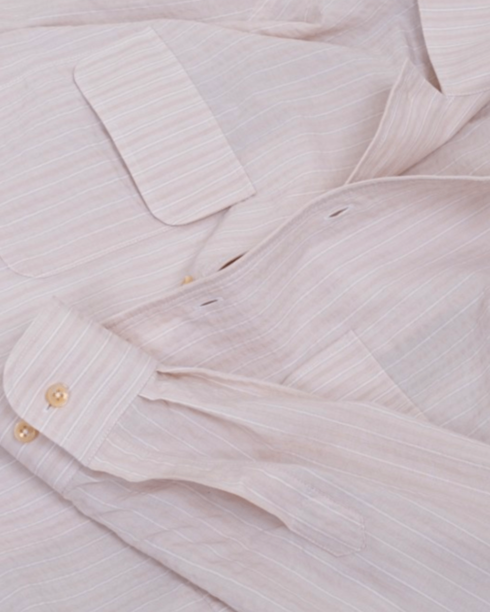 Beige Shadow-Stripe Albini Seersucker Camp-Collar Shirt
