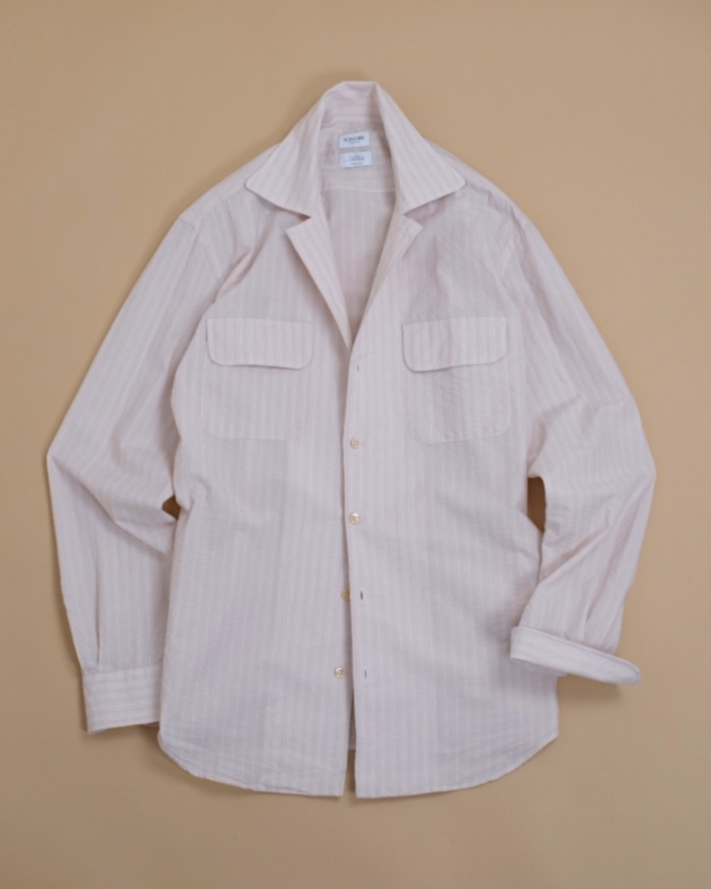 Beige Shadow-Stripe Albini Seersucker Camp-Collar Shirt