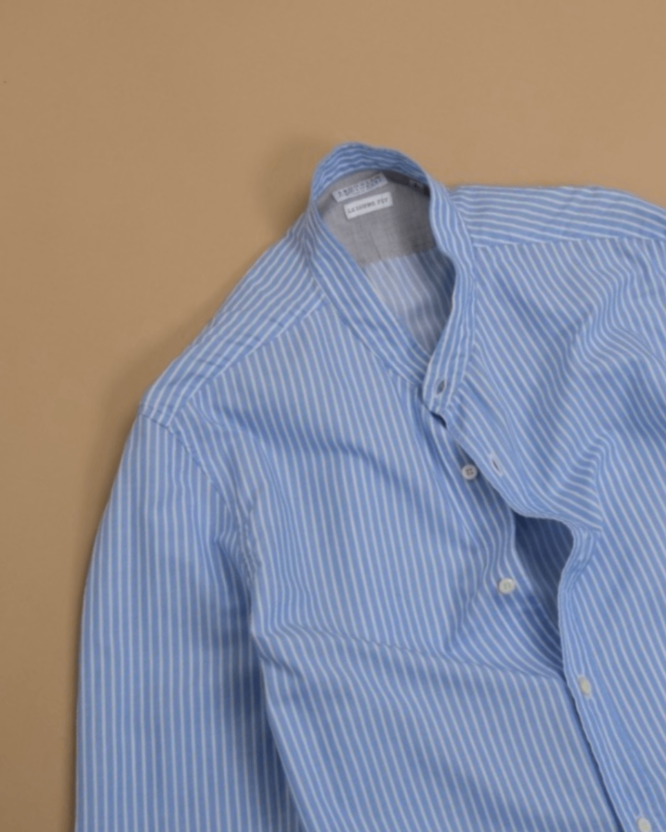 Light Blue/White Striped Band Collar Shirt