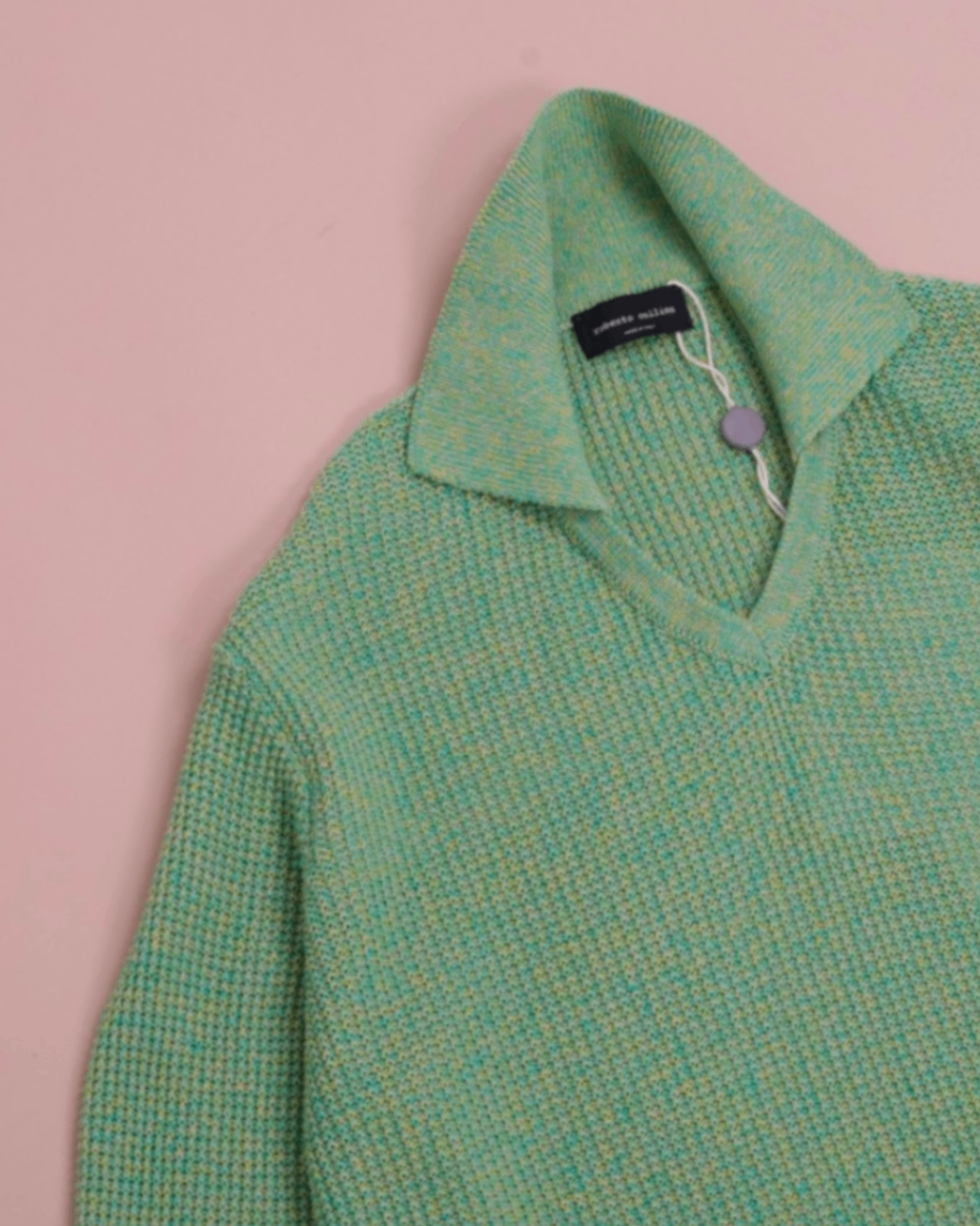 Green Cotton/Linen Waffle-Knit Double-Collar Sweater