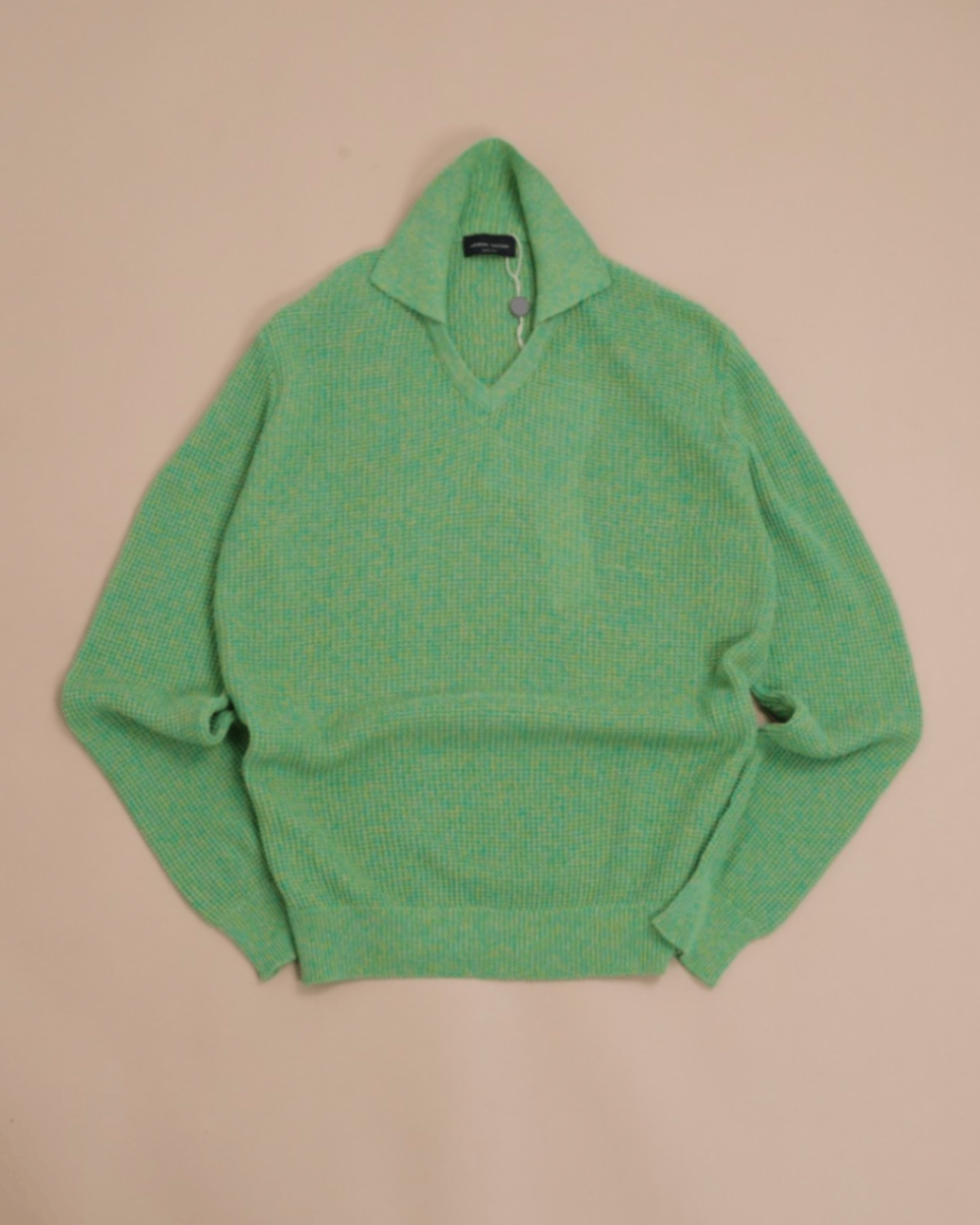Green Cotton/Linen Waffle-Knit Double-Collar Sweater