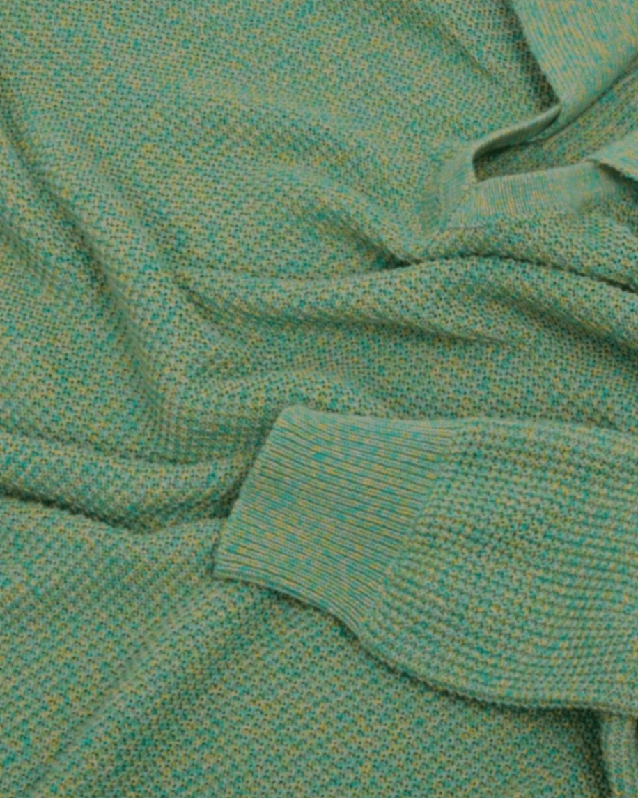 Green Cotton/Linen Waffle-Knit Double-Collar Sweater