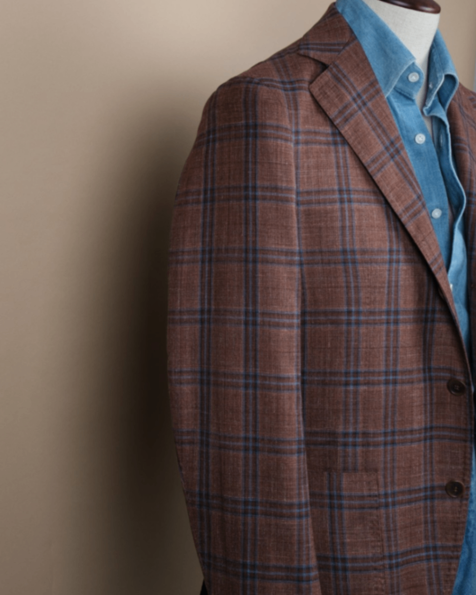 Brown/Blue Plaid Check Wool/Silk/Linen Sports Jacket