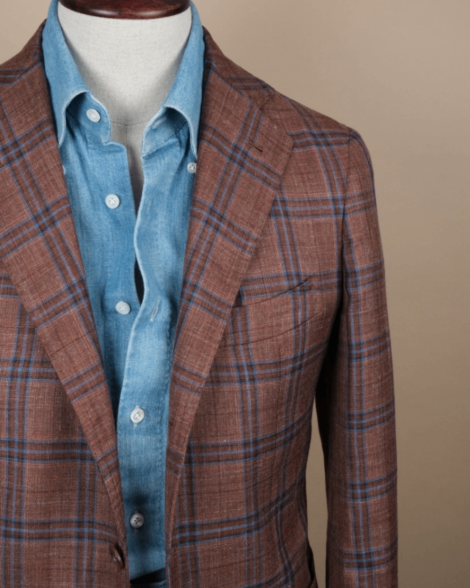 Brown/Blue Plaid Check Wool/Silk/Linen Sports Jacket