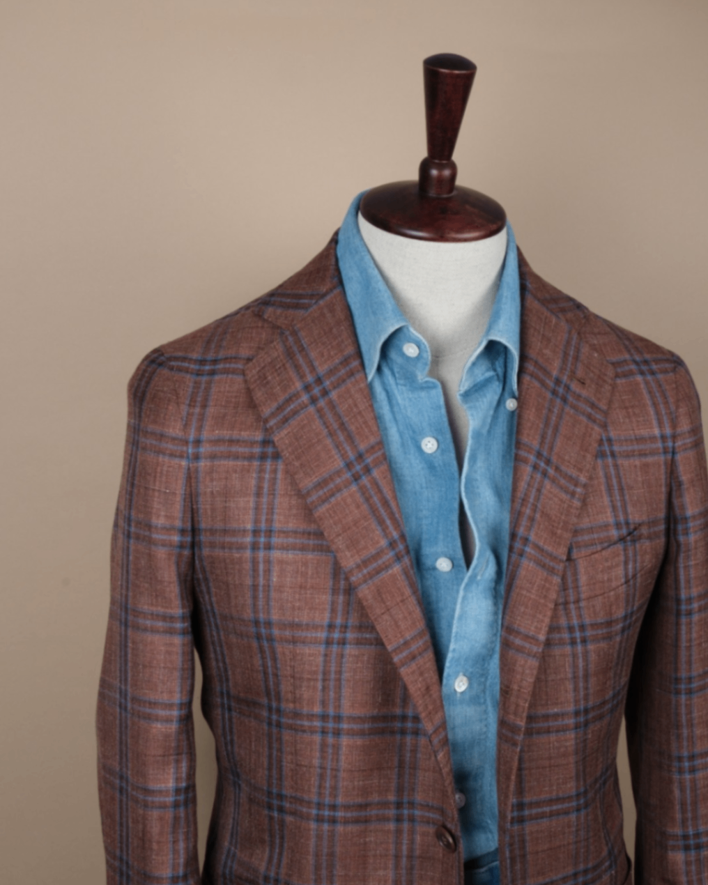 Brown/Blue Plaid Check Wool/Silk/Linen Sports Jacket