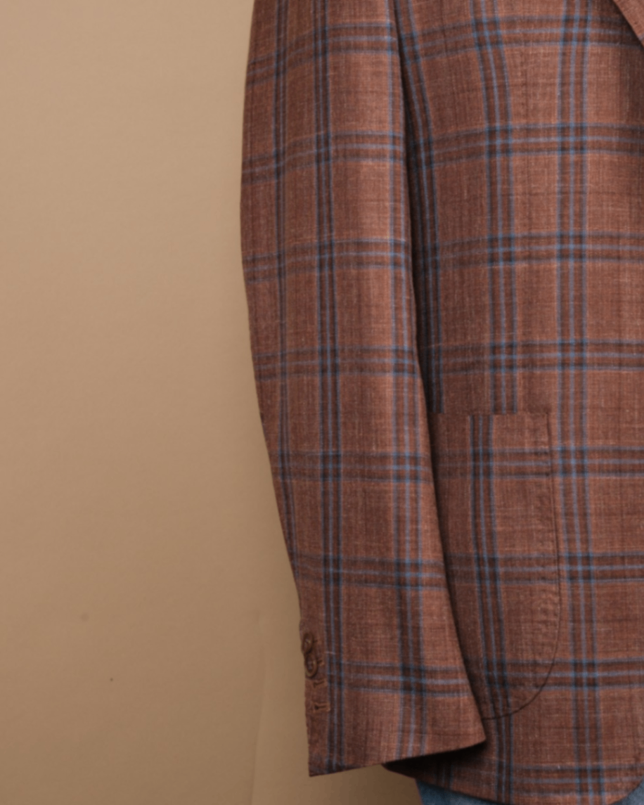 Brown/Blue Plaid Check Wool/Silk/Linen Sports Jacket
