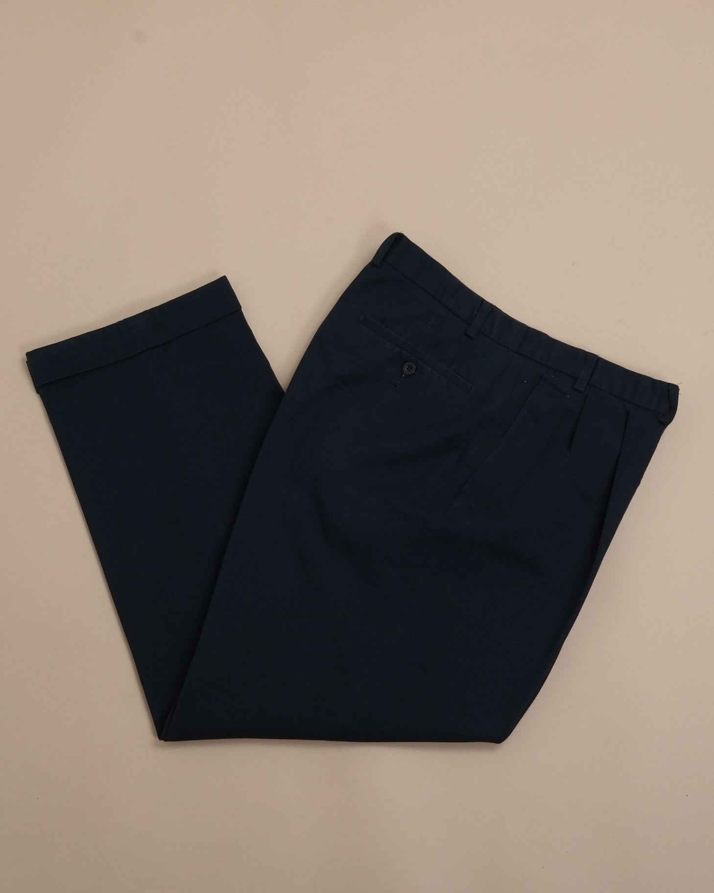 Navy Pleated Cotton Blend Trousers