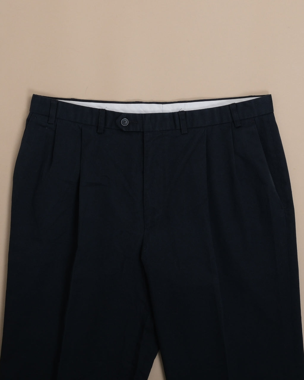 Navy Pleated Cotton Blend Trousers