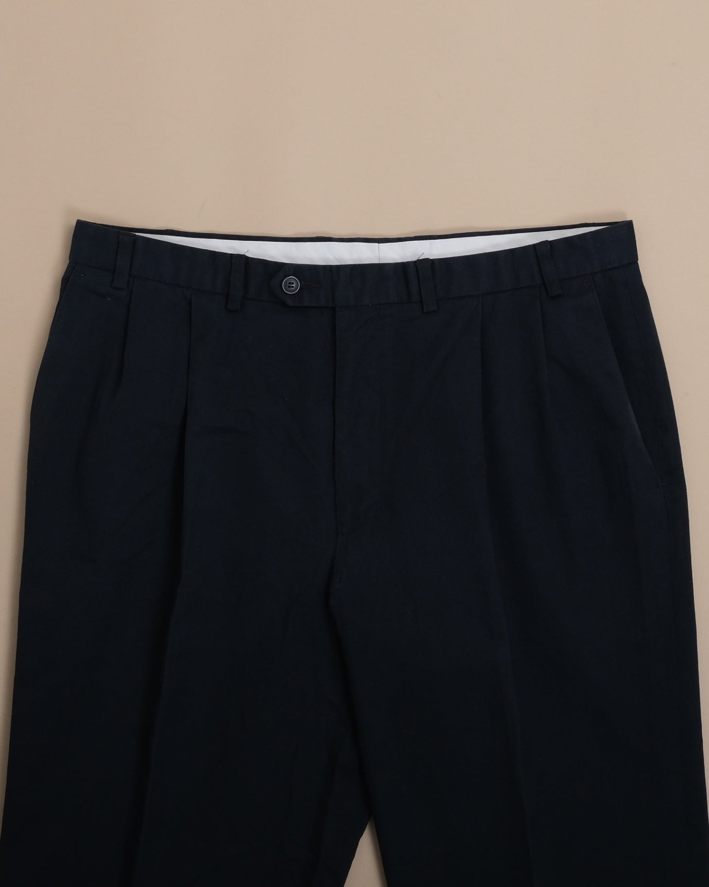 Navy Pleated Cotton Blend Trousers