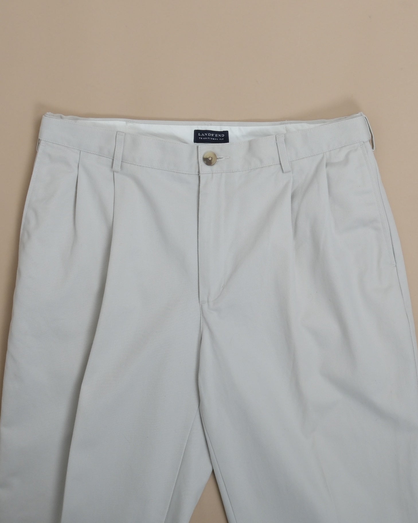 Cream Pleated Cotton Twill Trousers