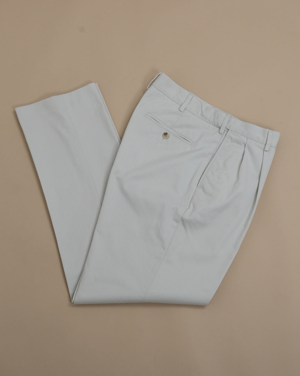 Cream Pleated Cotton Twill Trousers