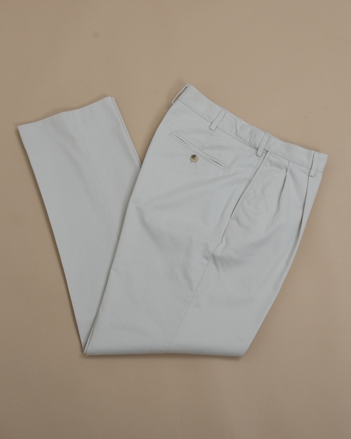 Cream Pleated Cotton Twill Trousers