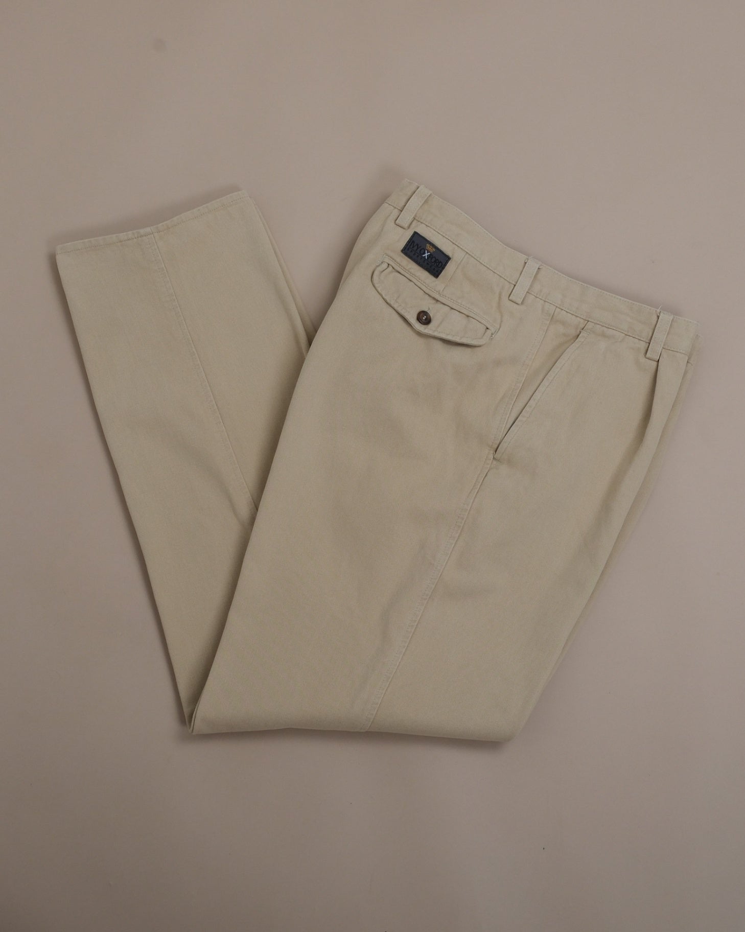 Warm Beige Cotton Twill High-Rise Pleated Trousers