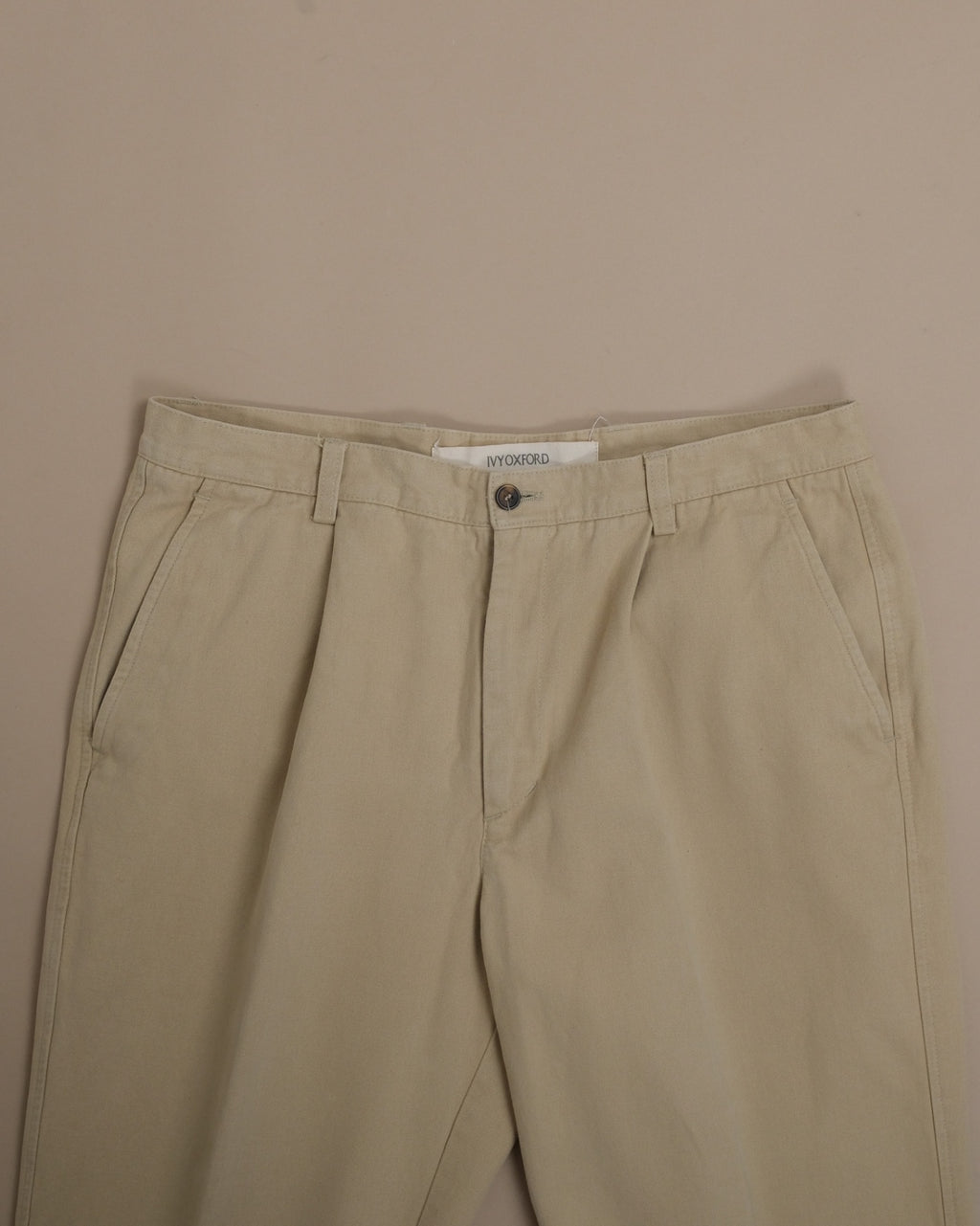 Warm Beige Cotton Twill High-Rise Pleated Trousers