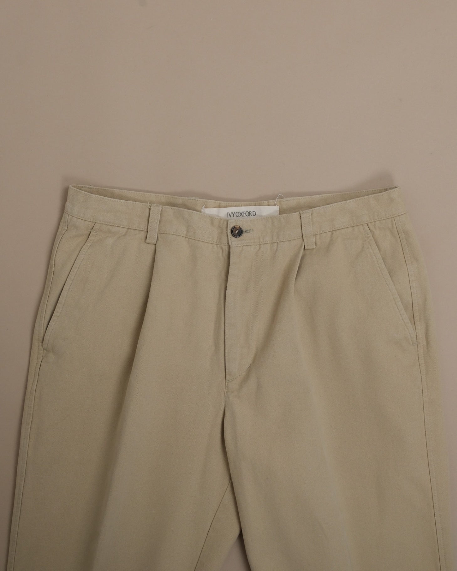 Warm Beige Cotton Twill High-Rise Pleated Trousers