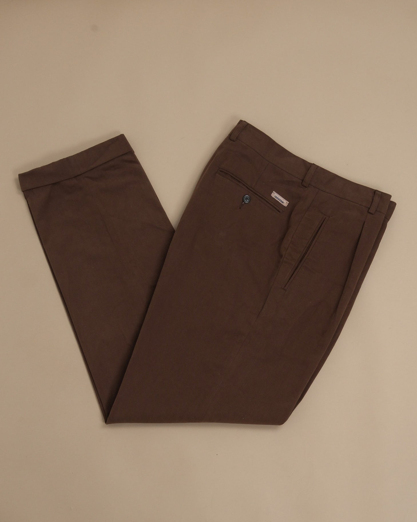 Dark Brown Cotton Twill High-Rise Pleated Trousers