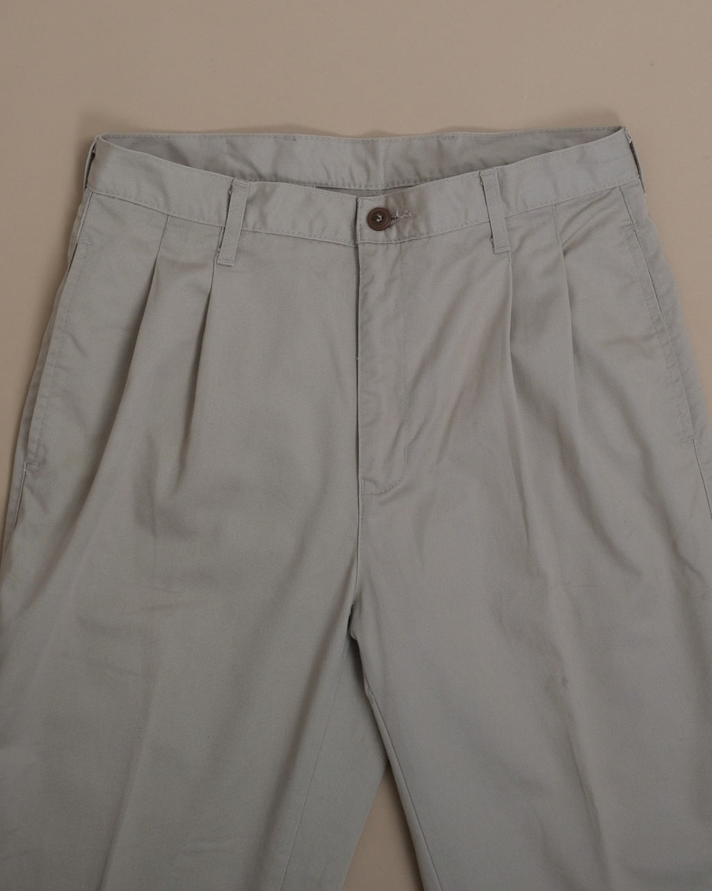Beige Cotton Twill High-Rise Pleated Trousers
