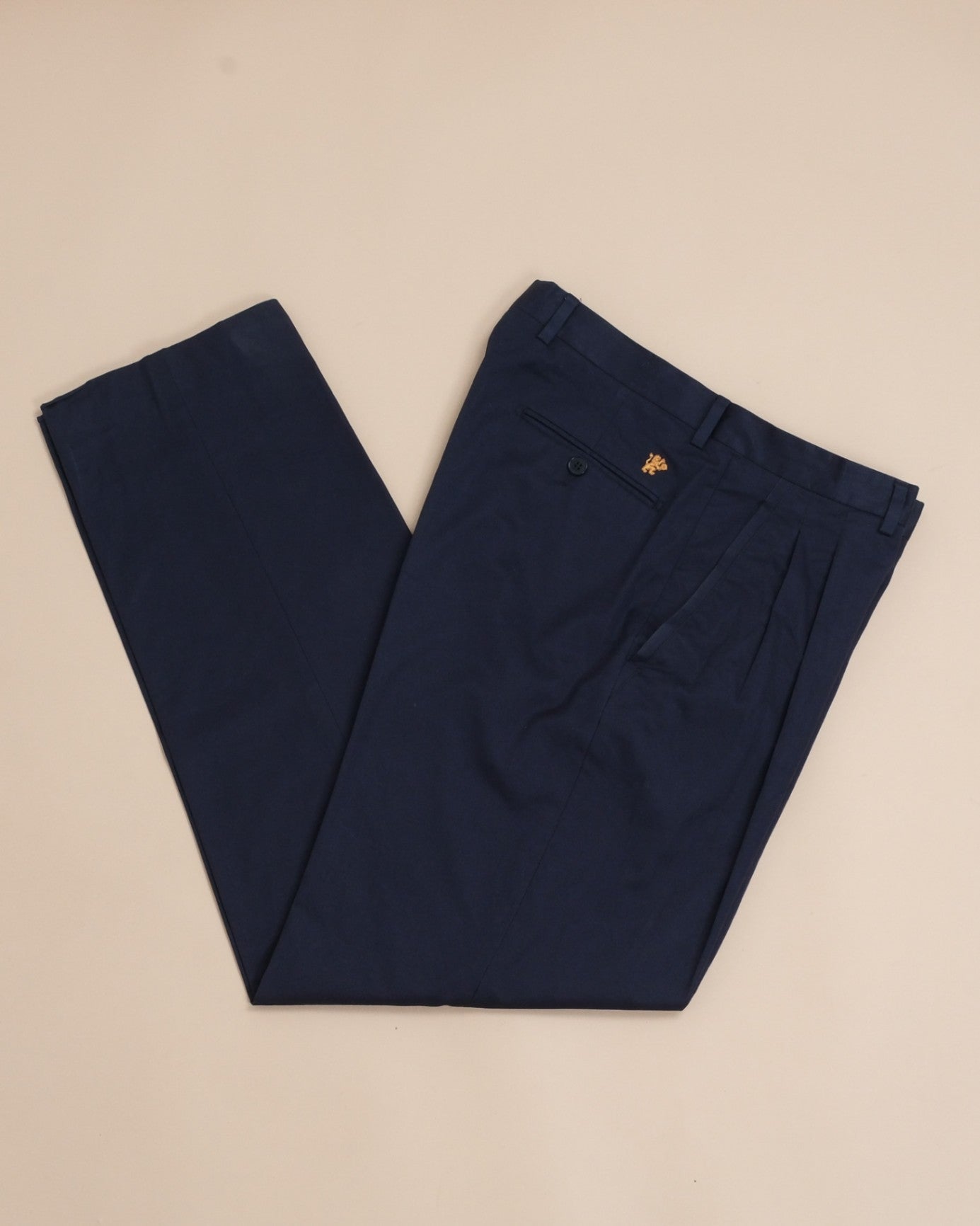 Navy Cotton Twill Pleated High-Rise Trousers