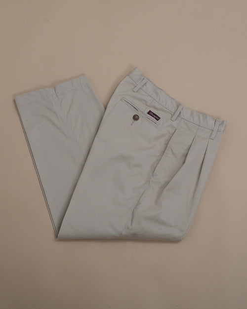 Beige Cotton Twill High-Rise Pleated Trousers