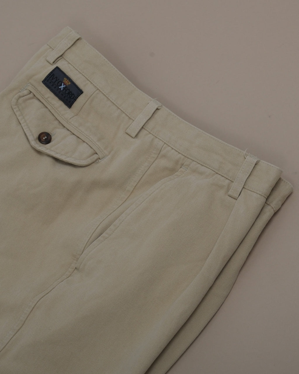 Warm Beige Cotton Twill High-Rise Pleated Trousers