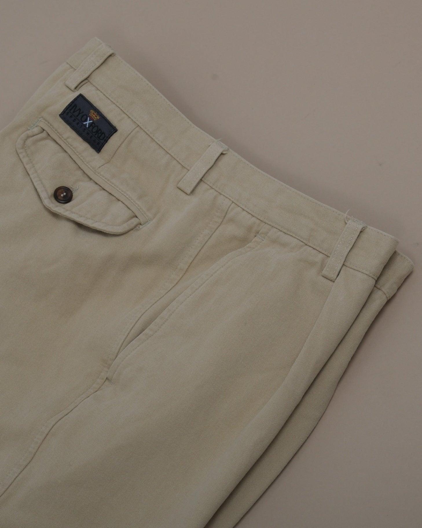 Warm Beige Cotton Twill High-Rise Pleated Trousers